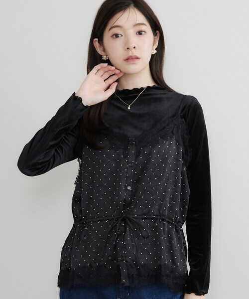 couture brooch(クチュールブローチ)の「ドットサテンレースキャミ(タンクトップ・レディース・ブラック系/ベージュ系その他・38)」の1枚目の写真