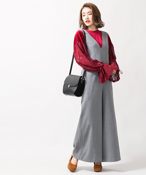 WEGO（ウィゴー）の「WEGO/Vネックワイドオールインワン（つなぎ/オールインワン・レディース・杢グレー/グレー系その他/ブラック・FREE）」の2枚目の写真