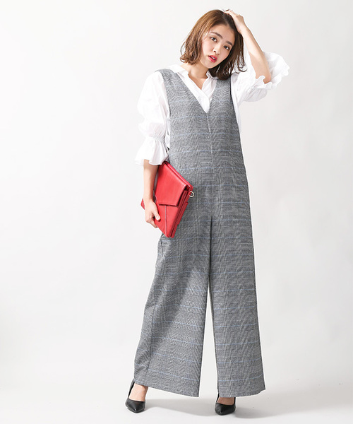 WEGO（ウィゴー）の「WEGO/Vネックワイドオールインワン（つなぎ/オールインワン・レディース・杢グレー/グレー系その他/ブラック・FREE）」の3枚目の写真