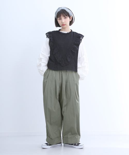 MERLOT（メルロー）の「裾ダブルタックワイドパンツ2675（チノパンツ・レディース・ベージュ/ネイビー/ブラック/オフホワイト/カーキ・FREE）」の9枚目の写真