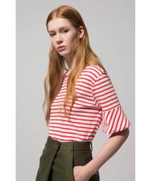 トランペットスリーブ Tシャツ イン コットン ウィズ ウーブン ストライプ