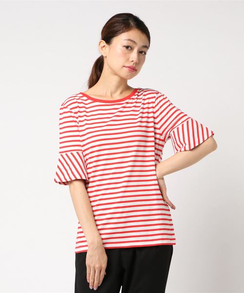 HUGO(ヒューゴ)の「トランペットスリーブ Tシャツ イン コットン ウィズ ウーブン ストライプ(Tシャツ/カットソー・レディース・レッド系その他・S/M/XS)」の5枚目の写真
