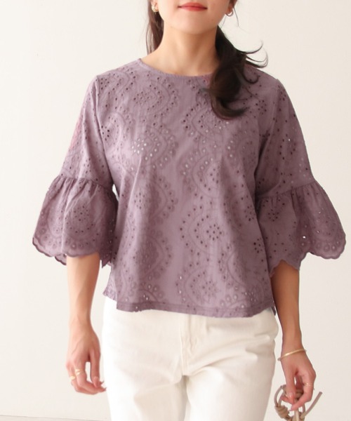 Social GIRL（ソーシャルガール）の「スカラップレースフレアスリーブブラウス（シャツ/ブラウス・レディース・ベージュ/パープル/ブラック/オフホワイト/ライトパープル/モカ/ダークパープル・LL/S/M/L/3L）」の6枚目の写真