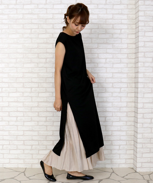 n'ee-ne（ネーネ）の「スリットカットソーワンピース＆プリーツスカートセットアップ（ワンピース・レディース・ブラック/ベージュ/ブラウン/カーキ・M/L）」の2枚目の写真