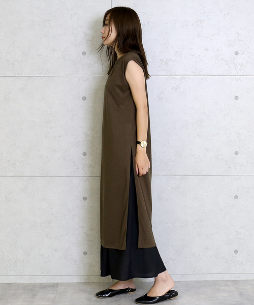 n'ee-ne（ネーネ）の「スリットカットソーワンピース＆プリーツスカートセットアップ（ワンピース・レディース・ブラック/ベージュ/ブラウン/カーキ・M/L）」の6枚目の写真