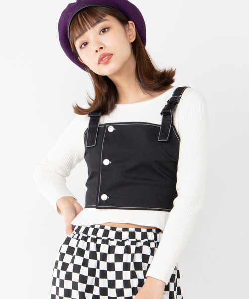 WEGO(ウィゴー)の「WEGO/【セットアップ対応商品】タックボタンステッチビスチェ(ベスト・レディース・ホワイト/ブラック/ブラック系その他2・FREE)」の3枚目の写真