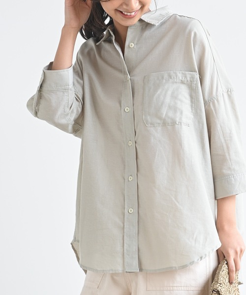 rps（アールピーエス）の「テンセル綿麻７分袖シャツ（シャツ/ブラウス・レディース・ライトカーキ/オフホワイト/グレイッシュベージュ/ブルー/ストライプ/チェック・M/フリー）」の3枚目の写真