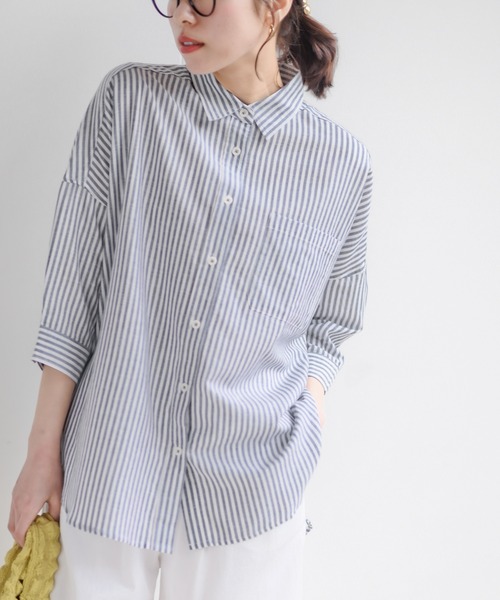 rps（アールピーエス）の「テンセル綿麻７分袖シャツ（シャツ/ブラウス・レディース・ライトカーキ/オフホワイト/グレイッシュベージュ/ブルー/ストライプ/チェック・M/フリー）」の5枚目の写真