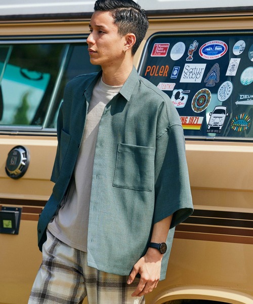 BARK MANHATTAN(バークマンハッタン)の「テックリネン オーバーサイズ 半袖CPOシャツ レギュラカラーシャツ(シャツ/ブラウス・メンズ・ブラック/ベージュ/ネイビー/モスグリーン/ブラウン系その他/ベージュ系その他/グレイッシュブルー・M/L)」の5枚目の写真