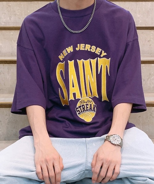 WEGO(ウィゴー)の「WEGO/ビンテージロゴ刺繍ビッグシルエット5分袖Tシャツ(Tシャツ/カットソー・メンズ・ネイビー/イエロー/ダークグリーン/イエロー系その他/グリーン系その他/ブルー/パープル・MEDIUM/LARGE)」の6枚目の写真