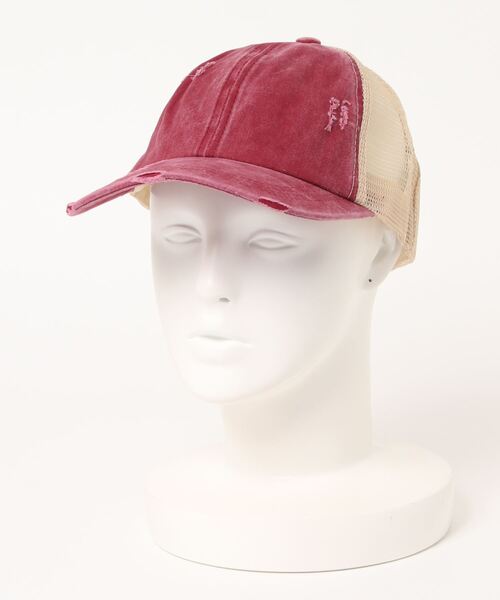 STYLEBLOCK（スタイルブロック）の「ダメージ加工メッシュキャップ（キャップ・レディース・グレー/カーキ/ピンク/イエロー/オレンジ/グリーン/カモフラージュ/ワインレッド/ブラック×ブラック/ブルー系その他/レッド系その他/レオパード/ネイビー・FREE）」の9枚目の写真