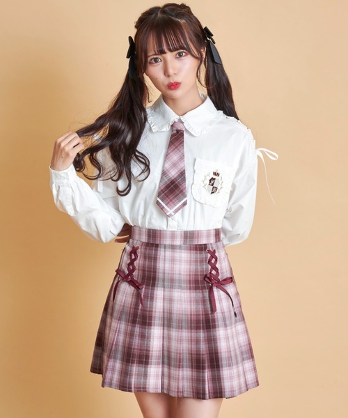 Secret Honey（シークレットハニー）の「ダブルレースアッププリーツスカート（スカート・レディース・ピンク/ブルー/ブラウン系その他/ブルー系その他/レッド・MEDIUM）」の4枚目の写真