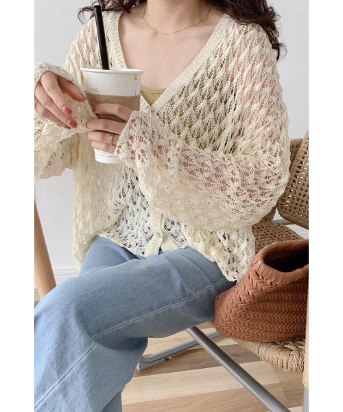 おしゃれスタ(オシャレスタ)の「おしゃれスタ 大人透け感編みニットカーディガン(カーディガン/ボレロ・レディース・ベージュ/ピンク/ブラウン/グリーン・FREE)」の16枚目の写真