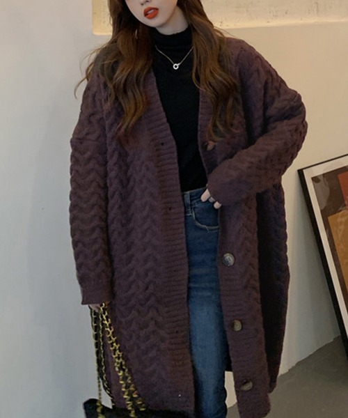 ケーブルニットロングカーディガン