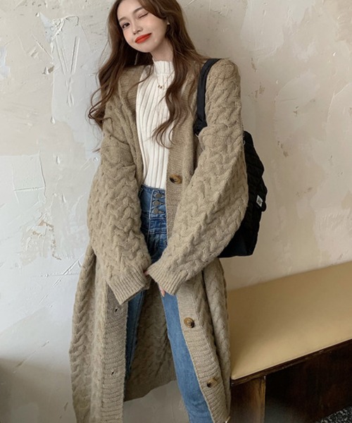 ケーブルニットロングカーディガン