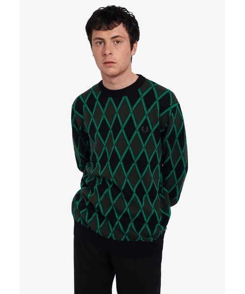 FRED PERRY HARLEQUIN CREWNECK JUMPER BLACK/GREEN サイズM FRED PERRY（フレッドペリー）の「Harlequin Crew Neck Jumper（ニット