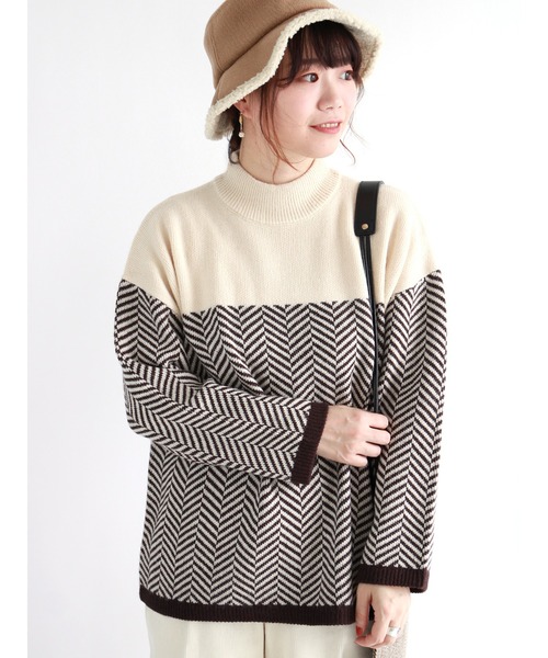 Lugnoncure（ルノンキュール）の「幾何柄ジャカードニット（ニット/セーター・レディース・ボルドー/ベージュ/ブラウン・ﾌﾘ-）」の2枚目の写真