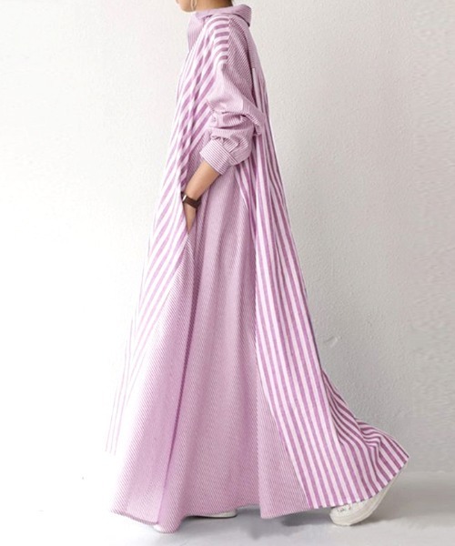 Futier land（フューティアランド）の「切替ストライプシャツワンピース（シャツワンピース・レディース・ブラック/ブルー/ピンク・FREE）」の3枚目の写真