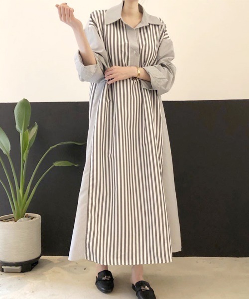 Futier land（フューティアランド）の「切替ストライプシャツワンピース（シャツワンピース・レディース・ブラック/ブルー/ピンク・FREE）」の2枚目の写真
