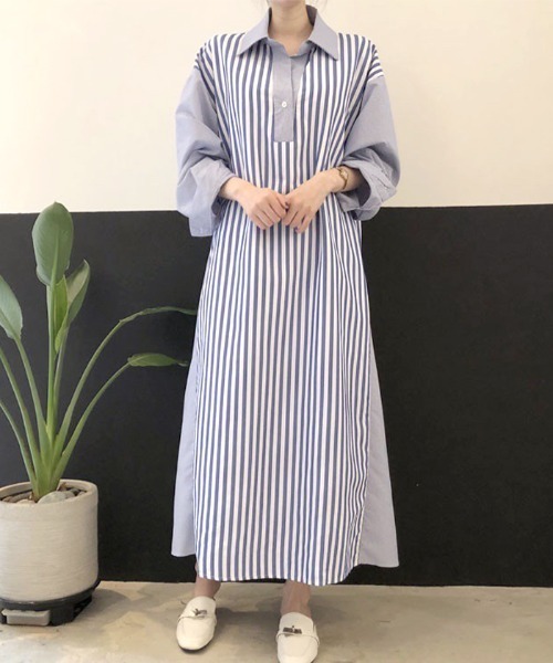 Futier land（フューティアランド）の「切替ストライプシャツワンピース（シャツワンピース・レディース・ブラック/ブルー/ピンク・FREE）」の4枚目の写真