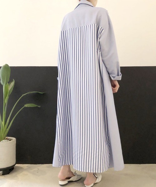 Futier land（フューティアランド）の「切替ストライプシャツワンピース（シャツワンピース・レディース・ブラック/ブルー/ピンク・FREE）」の5枚目の写真