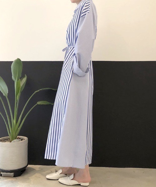 Futier land（フューティアランド）の「切替ストライプシャツワンピース（シャツワンピース・レディース・ブラック/ブルー/ピンク・FREE）」の6枚目の写真