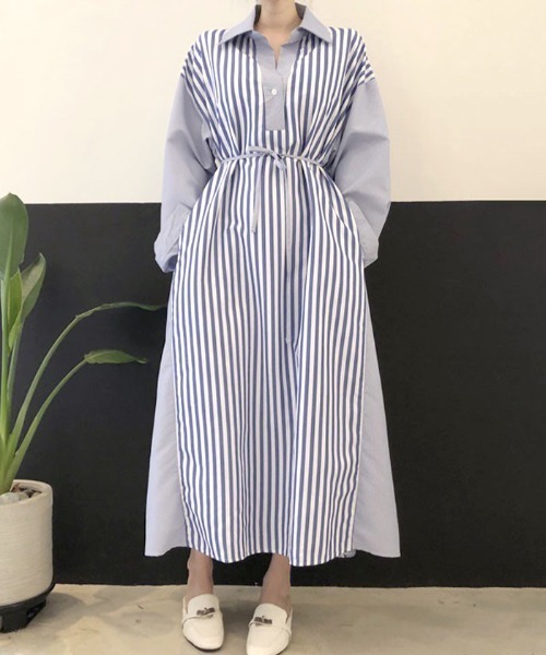 Futier land（フューティアランド）の「切替ストライプシャツワンピース（シャツワンピース・レディース・ブラック/ブルー/ピンク・FREE）」の8枚目の写真
