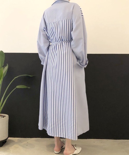 Futier land（フューティアランド）の「切替ストライプシャツワンピース（シャツワンピース・レディース・ブラック/ブルー/ピンク・FREE）」の9枚目の写真