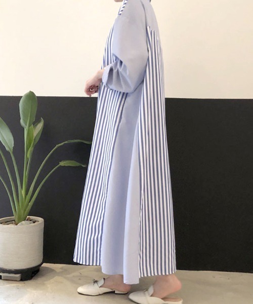 Futier land（フューティアランド）の「切替ストライプシャツワンピース（シャツワンピース・レディース・ブラック/ブルー/ピンク・FREE）」の10枚目の写真