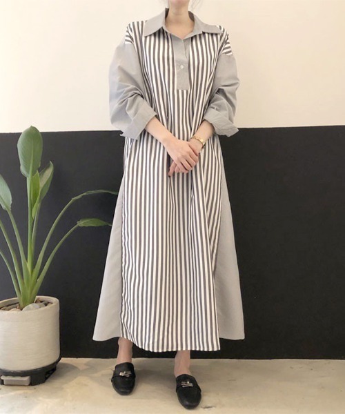 Futier land（フューティアランド）の「切替ストライプシャツワンピース（シャツワンピース・レディース・ブラック/ブルー/ピンク・FREE）」の11枚目の写真