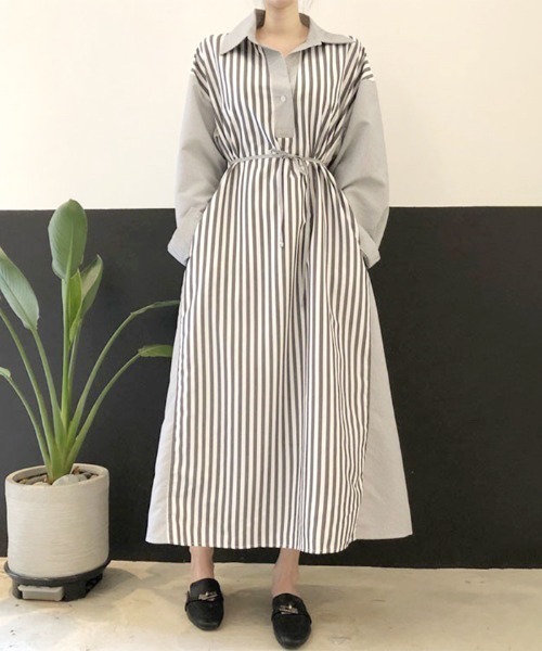 Futier land（フューティアランド）の「切替ストライプシャツワンピース（シャツワンピース・レディース・ブラック/ブルー/ピンク・FREE）」の13枚目の写真