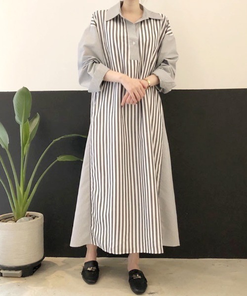 Futier land（フューティアランド）の「切替ストライプシャツワンピース（シャツワンピース・レディース・ブラック/ブルー/ピンク・FREE）」の15枚目の写真