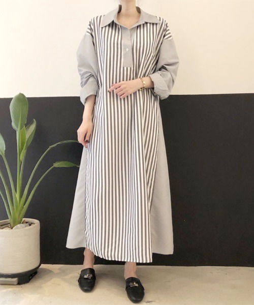 Futier land（フューティアランド）の「切替ストライプシャツワンピース（シャツワンピース・レディース・ブラック/ブルー/ピンク・FREE）」の17枚目の写真