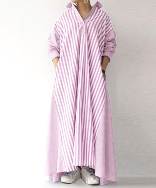 Futier land（フューティアランド）の「切替ストライプシャツワンピース（シャツワンピース・レディース・ブラック/ブルー/ピンク・FREE）」の18枚目の写真