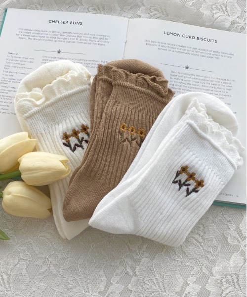 apres jour（アプレジュール）の「【apres jour×ARIAZ】３セットフラワーソックス（ソックス/靴下・レディース・ダークブラウン/アイボリー・FREE）」の2枚目の写真