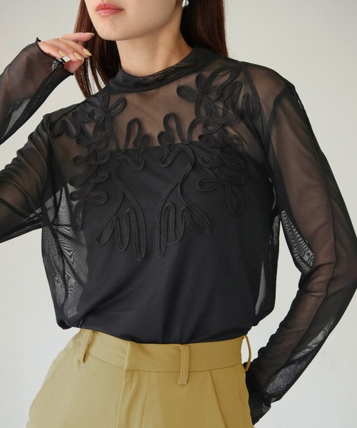 美品　HARDY NOIR 21ssデザインシアーブラウス　メッシュ　刺繍Hロゴ 美品 HARDY NOIR 21ssデザインシアーブラウス メッシュ 刺繍H