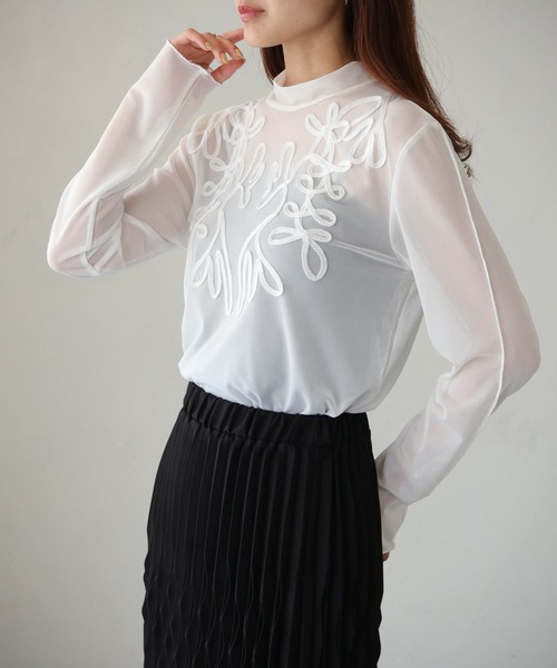 cheriella（シェリエラ）の「【cheriella】WEB限定テープ刺繍メッシュシアーカットソー（Tシャツ/カットソー・レディース・ホワイト/ブラック・M）」の19枚目の写真