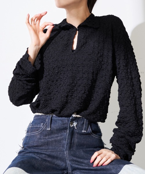 Solace（ソレイス）の「マルチウェイ ポロ/ハイネックジャガードトップス（Tシャツ/カットソー・レディース・ブラック/ナチュラル・FREE）」の2枚目の写真