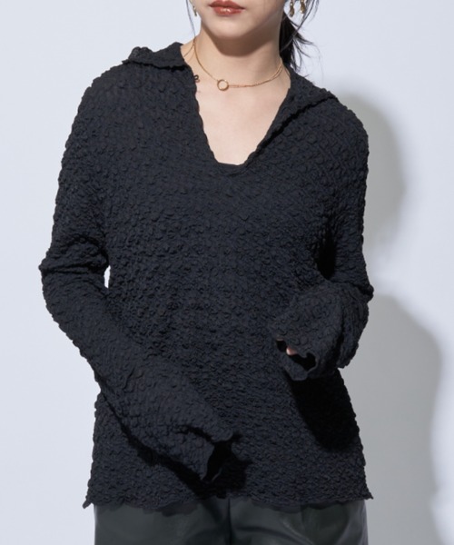 Solace（ソレイス）の「マルチウェイ ポロ/ハイネックジャガードトップス（Tシャツ/カットソー・レディース・ブラック/ナチュラル・FREE）」の5枚目の写真
