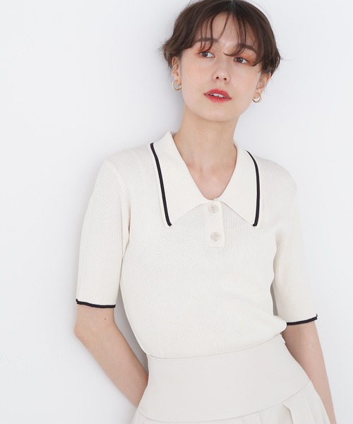 N.（N. Natural Beauty Basic）（エヌエヌナチュラルビューティーベーシック）の「◆ラインポロ襟リブニット（ニット/セーター・レディース・ネイビー/オフホワイト/ブルー/チョコ・MEDIUM）」の2枚目の写真