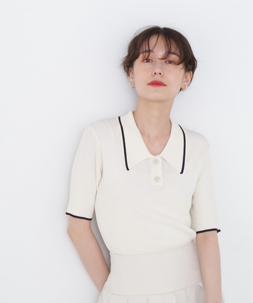 N.（N. Natural Beauty Basic）（エヌエヌナチュラルビューティーベーシック）の「◆ラインポロ襟リブニット（ニット/セーター・レディース・ネイビー/オフホワイト/ブルー/チョコ・MEDIUM）」の8枚目の写真