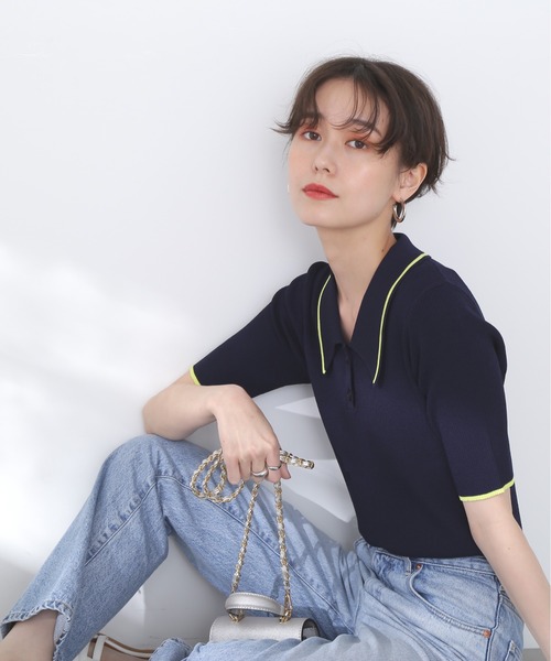 N.（N. Natural Beauty Basic）（エヌエヌナチュラルビューティーベーシック）の「◆ラインポロ襟リブニット（ニット/セーター・レディース・ネイビー/オフホワイト/ブルー/チョコ・MEDIUM）」の10枚目の写真