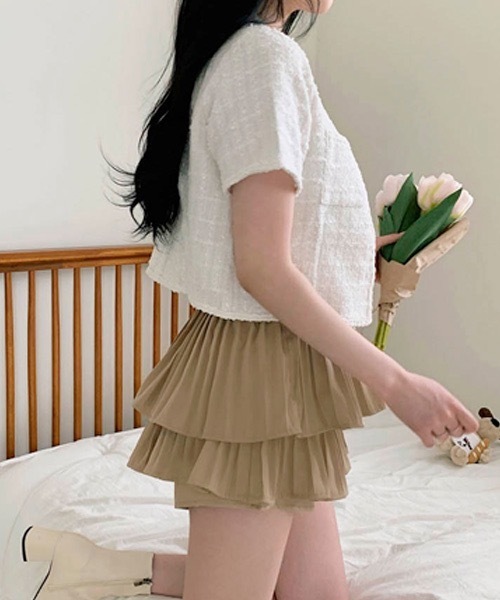 BEIDELLI（ベイデリー）の「[BELLIDE MADE] パールボタンダブルポケット半袖ツイードジャケット（ノーカラージャケット・レディース・ブラック/スカイブルー/アイボリー・FREE）」の17枚目の写真