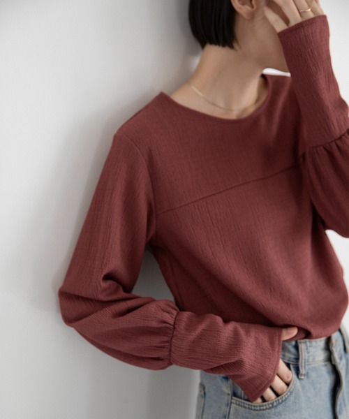 select MOCA（セレクトモカ）の「ジャガードロングカフストップス（Tシャツ/カットソー・レディース・アイボリー/スモークピンク/チャコールグレー/ベージュ・FREE）」の4枚目の写真