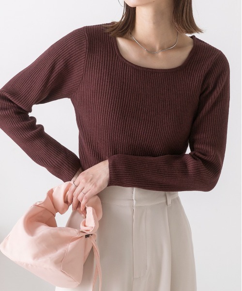 ad thie(アドティエ)の「スクエアネック リブニットトップス(ニット/セーター・レディース・ライトグリーン/ブラウン/オフホワイト/パープル/マスタード/ベージュ/オレンジ/カーキ/ブラック・FREE)」の4枚目の写真