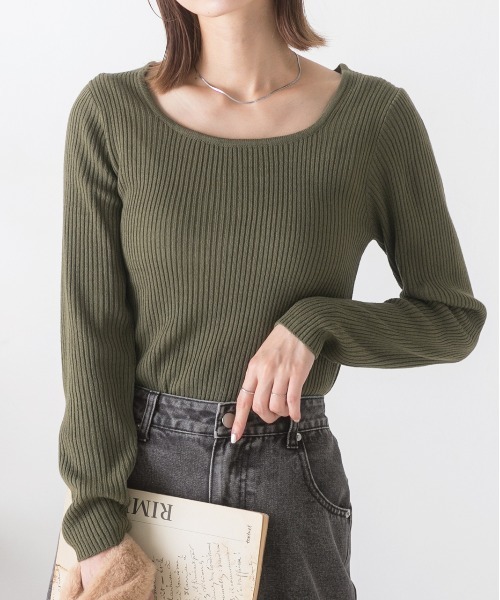 ad thie(アドティエ)の「スクエアネック リブニットトップス(ニット/セーター・レディース・ライトグリーン/ブラウン/オフホワイト/パープル/マスタード/ベージュ/オレンジ/カーキ/ブラック・FREE)」の6枚目の写真