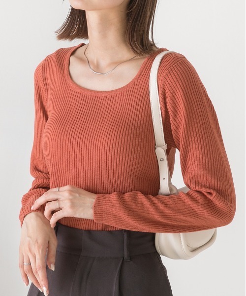 ad thie(アドティエ)の「スクエアネック リブニットトップス(ニット/セーター・レディース・ライトグリーン/ブラウン/オフホワイト/パープル/マスタード/ベージュ/オレンジ/カーキ/ブラック・FREE)」の9枚目の写真