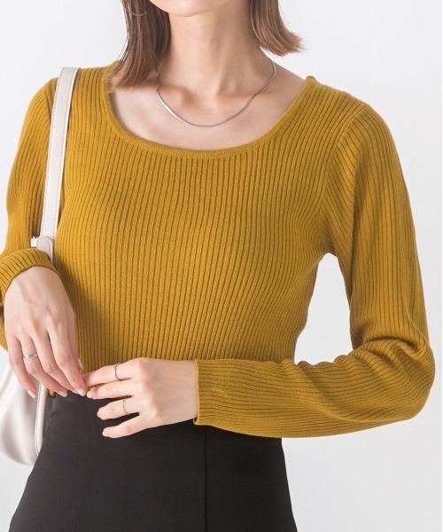 ad thie(アドティエ)の「スクエアネック リブニットトップス(ニット/セーター・レディース・ライトグリーン/ブラウン/オフホワイト/パープル/マスタード/ベージュ/オレンジ/カーキ/ブラック・FREE)」の8枚目の写真