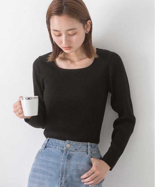 ad thie(アドティエ)の「スクエアネック リブニットトップス(ニット/セーター・レディース・ライトグリーン/ブラウン/オフホワイト/パープル/マスタード/ベージュ/オレンジ/カーキ/ブラック・FREE)」の14枚目の写真