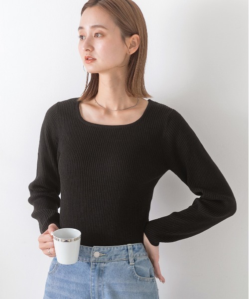 ad thie(アドティエ)の「スクエアネック リブニットトップス(ニット/セーター・レディース・ライトグリーン/ブラウン/オフホワイト/パープル/マスタード/ベージュ/オレンジ/カーキ/ブラック・FREE)」の15枚目の写真